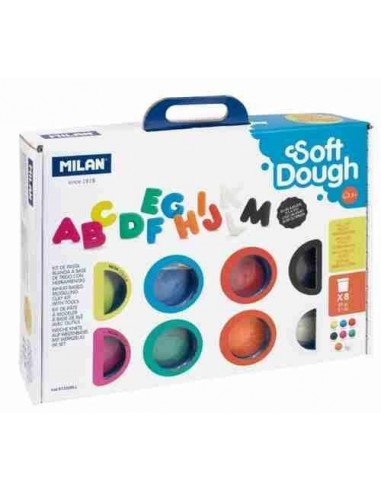 Maletín 8 botes 59 g pasta blanda Soft Dough con herramientas Muchas letras