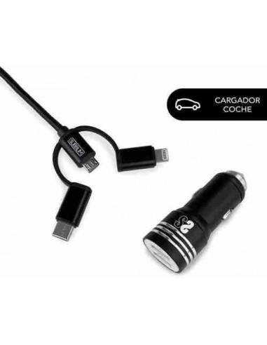 Cargador coche 2xUSB Dual (2.4A) + Cable 3en1
