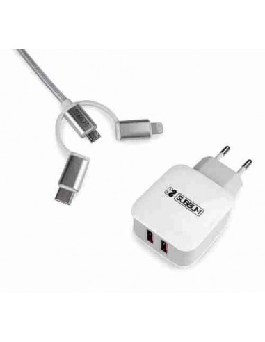Cargador USB de viaje/pared 2 x USB (2.4A) + Cable 3en1
