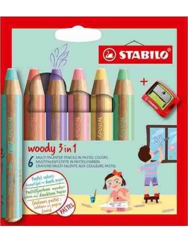 Lapiceros de colores pastel Woody 3 en 1 - 6 uds.+ sacapuntas