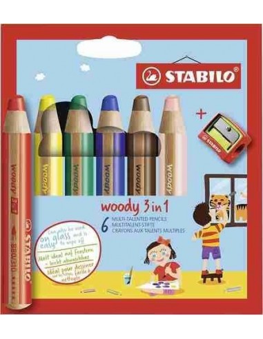 Lapiceros de colores Woody 3 en 1 - 6 uds. + sacapuntas