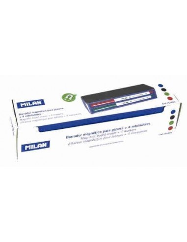 Borrador magnético + 4 rotuladores para pizarra blanca